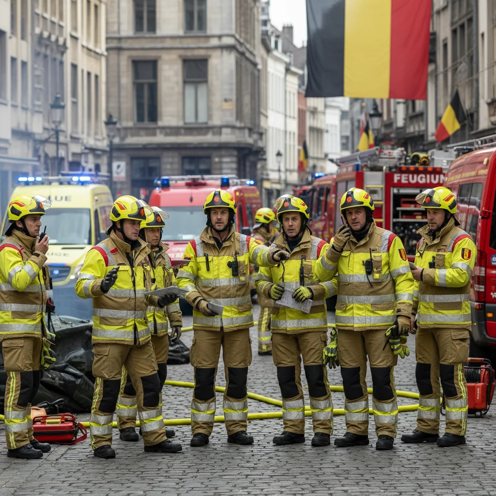 A photorealistic image depicting a professional emergency response team in action during a crisis simulation in Belgium, with responders in high-visibility gear coordinating at a urban incident site, symbolizing preparedness and effective incident management, no children present.