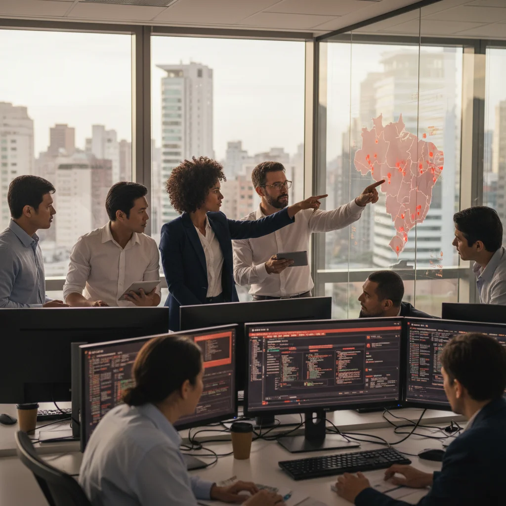 A photorealistic image depicting a professional team in a modern Brazilian office environment, actively responding to a cybersecurity incident on their computers, with focused expressions, maps of Brazil in the background, and elements symbolizing emergency response like alert screens and collaborative discussion, conveying importance and preparedness without showing any children or documents.