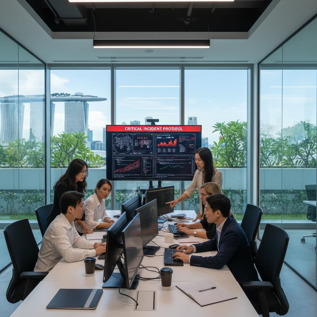 A photorealistic scene of a professional team in a modern Singapore office, gathered around a conference table during an incident response meeting, reviewing digital screens with cybersecurity alerts, with Singapore skyline visible through large windows, conveying preparedness and urgency in handling cyber incidents.