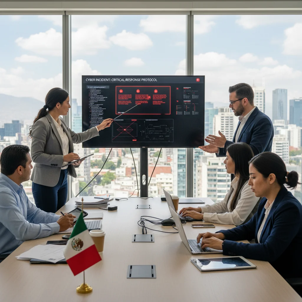A photorealistic image depicting a professional team of adults in a modern Mexican office or conference room, actively responding to a simulated cybersecurity incident. They are gathered around a computer screen showing alert notifications, with one person pointing at the display while others discuss strategies, conveying preparedness and collaboration in incident response, adapted to Mexican regulatory context. The scene includes elements like the Mexican flag subtly in the background, diverse adult professionals in business attire, no children present.