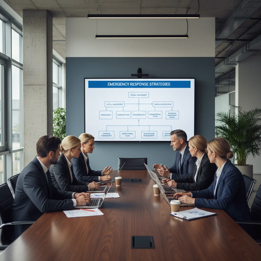 A photorealistic image of a diverse team of professionals in a modern office setting, gathered around a conference table, discussing and reviewing a contingency plan on a large screen, showing calm and prepared expressions as they strategize responses to potential business disruptions, emphasizing teamwork and readiness without any focus on documents or children.