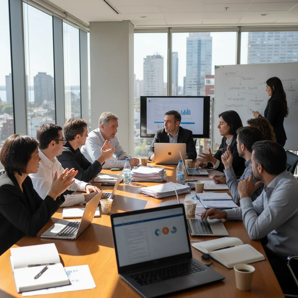 A photorealistic image of a professional team in a modern office in Argentina, gathered around a conference table during an emergency response simulation, discussing incident plans with focused expressions, laptops and charts visible, conveying preparedness and collaboration, no children present.