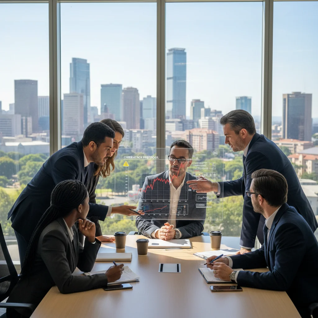 A photorealistic image of a diverse team of South African professionals in a modern office setting, gathered around a conference table, actively discussing and reviewing a cybersecurity incident response strategy on a large screen, with elements like laptops, charts, and a South African flag in the background, conveying preparedness and collaboration in business crisis management.