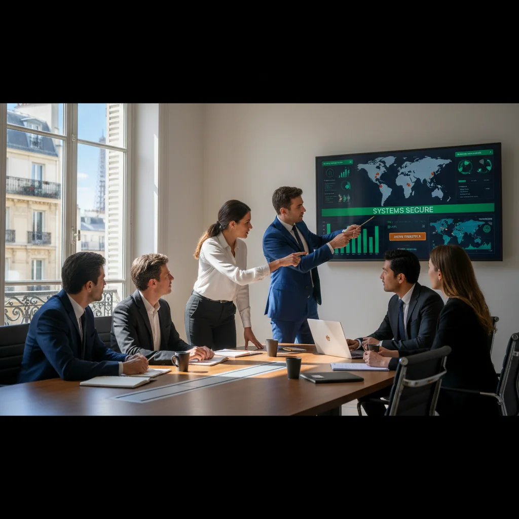 A photorealistic image depicting a professional team of adults in a modern French office setting, collaboratively reviewing a cybersecurity incident response plan on a large screen, symbolizing preparedness and quick response to incidents, with French elements like Eiffel Tower view in the background, no children present.