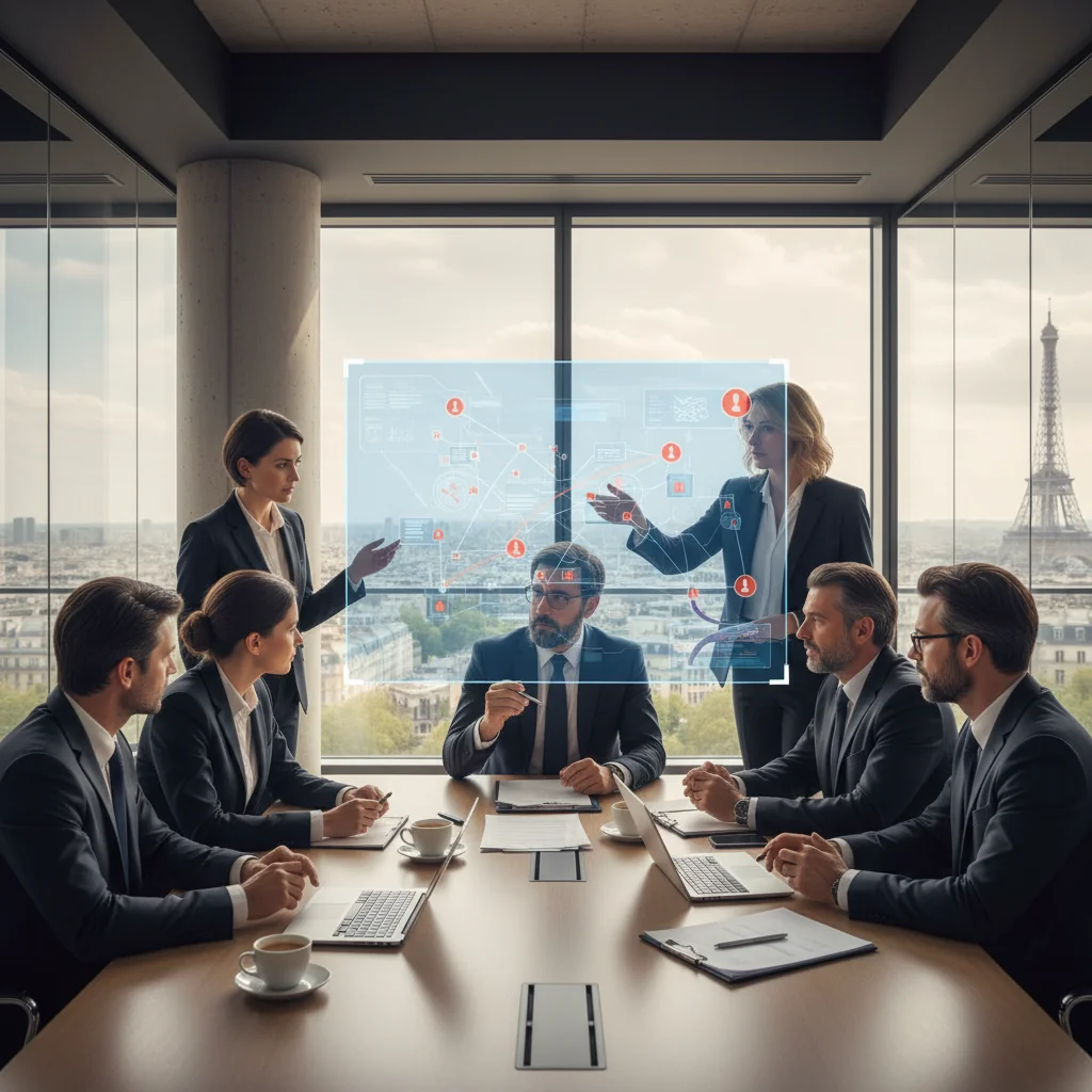 A photorealistic image depicting a professional crisis management scenario in a modern French office environment, showing a diverse team of adults in business attire gathered around a conference table, collaboratively reviewing digital screens and documents related to incident response, with subtle French elements like a flag or Eiffel Tower view in the background, emphasizing preparedness and teamwork without focusing on any physical documents.