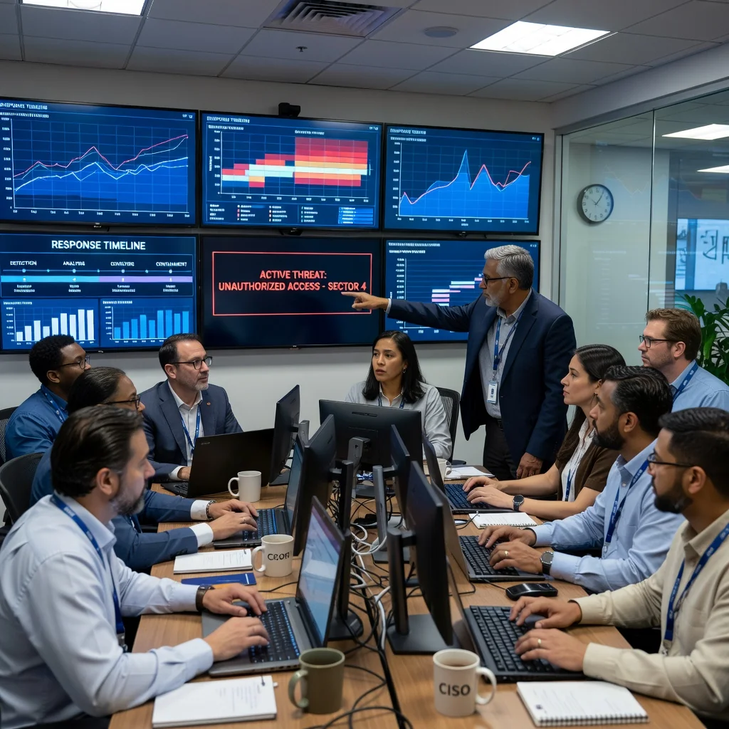A photorealistic image of a diverse team of cybersecurity professionals in a modern corporate command center, actively monitoring multiple computer screens displaying network alerts and incident response dashboards, with one person pointing to a critical alert on the screen, conveying preparedness and urgency in handling a US-based cyber incident, no children present.