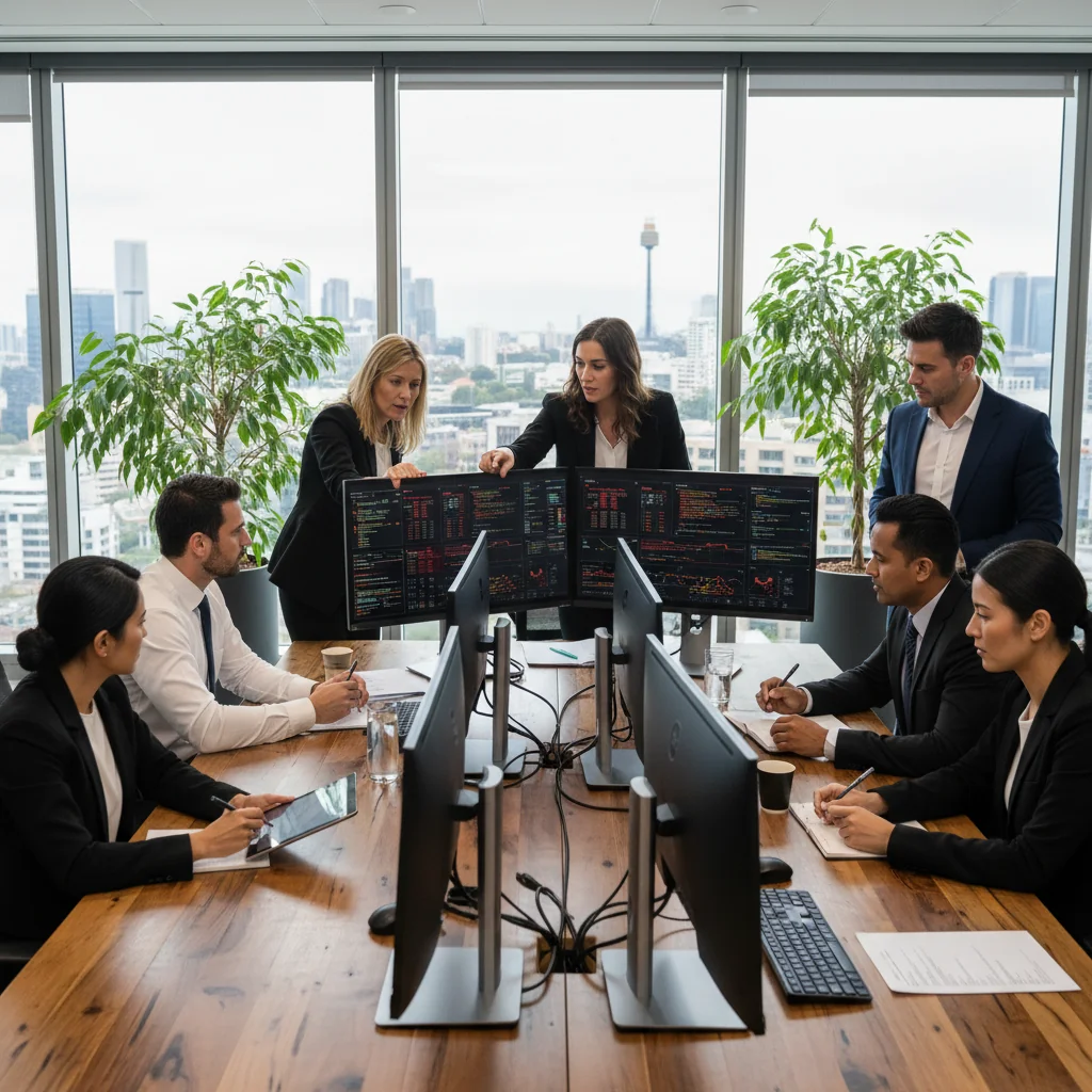 A photorealistic image of a professional team in a modern Australian office during a simulated cyber incident response drill, with adults collaboratively reviewing digital screens showing security alerts, evoking preparedness and efficiency in handling emergencies, no children present.