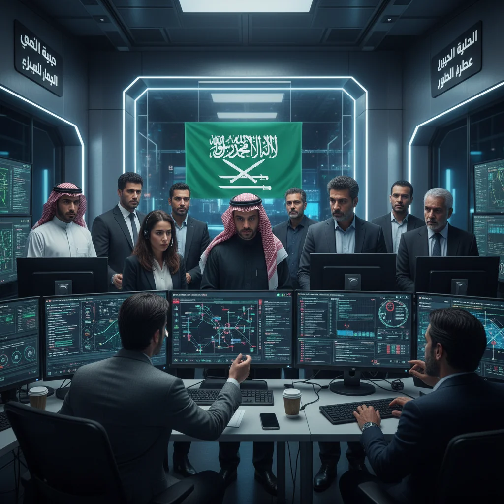 A photorealistic image depicting a professional cybersecurity team in a modern control room in Saudi Arabia, monitoring digital screens for cyber threats, with elements like the Saudi flag and Arabic script in the background, symbolizing national importance of cyber incident response plans. No children present.