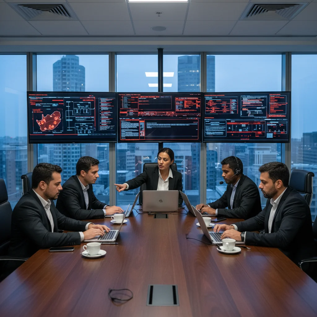 A photorealistic image of a professional team in a modern office conducting a cybersecurity incident response drill, with adults focused on computer screens displaying alerts, symbolizing preparedness and legal compliance in South African corporate settings. No children are present.