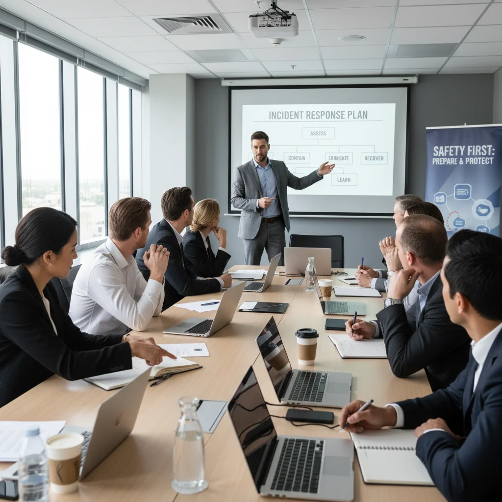 A photorealistic image depicting a diverse group of adult professionals in a modern conference room, engaged in a training session on incident response. They are attentively listening to an instructor pointing at a digital screen showing a flowchart of emergency procedures, with focused expressions emphasizing preparedness and teamwork. No children are present in the image.