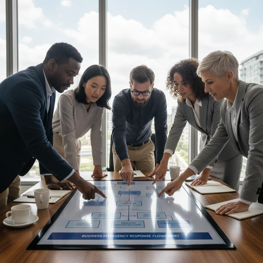 A photorealistic image depicting a professional team of adults in a modern office environment, collaboratively reviewing a cybersecurity incident response strategy on a large digital screen, symbolizing preparedness and efficiency in handling business crises, with focused expressions and high-tech elements like laptops and charts, no children present.