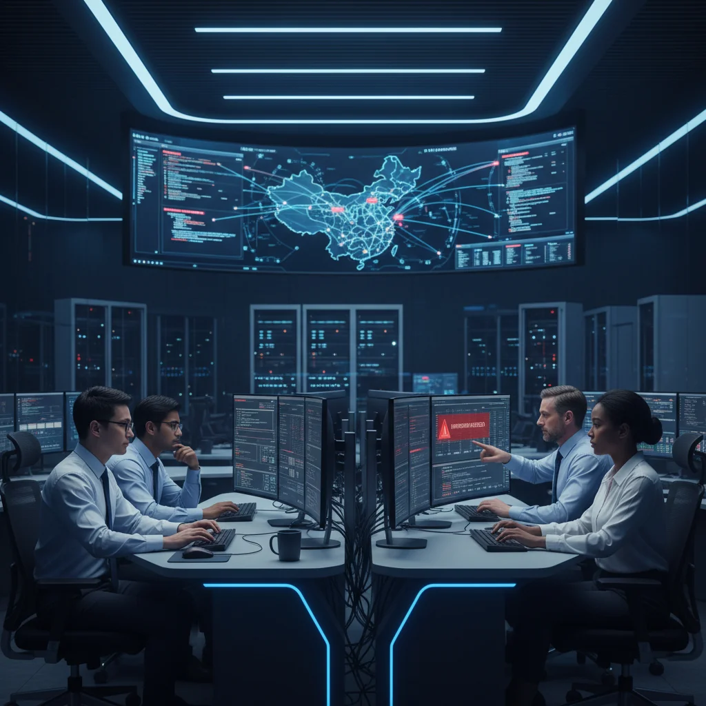 A photorealistic image depicting a team of adult cybersecurity professionals in a modern control room, monitoring computer screens for network threats, with holographic displays showing data streams and security alerts, symbolizing incident response in Chinese network security.