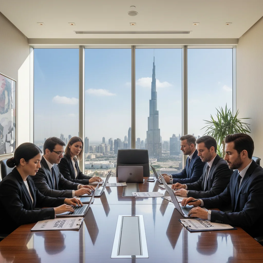 A professional corporate office setting in the United Arab Emirates, featuring a diverse team of adult business professionals in a modern meeting room, discussing emergency response strategies on a whiteboard, with UAE skyline visible through large windows, symbolizing preparedness and incident response in a corporate environment.
