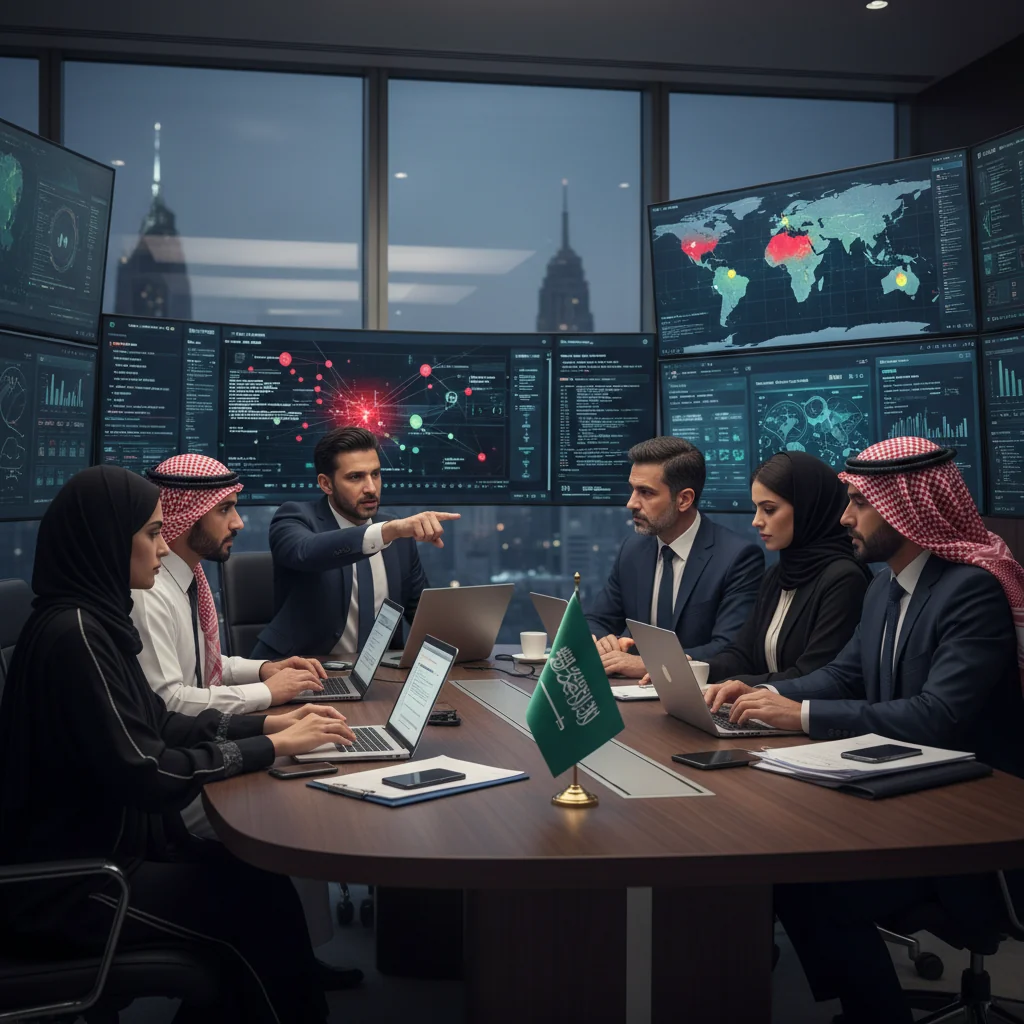 A photorealistic image of a professional cybersecurity team in a modern corporate office in Saudi Arabia, collaboratively responding to a cyber incident on multiple computer screens displaying security alerts and network diagrams, with elements like the Saudi flag subtly in the background, conveying preparedness and response to cyber threats.