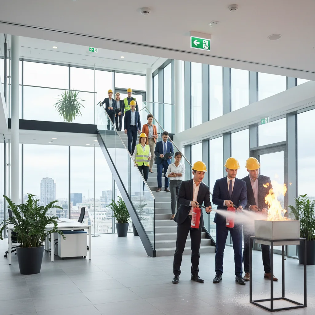 A photorealistic image depicting a professional emergency response scenario in a corporate office environment in Austria, showing a team of adults in business attire calmly coordinating during a simulated drill, with elements like safety signs and emergency kits, evoking preparedness and safety without focusing on documents.
