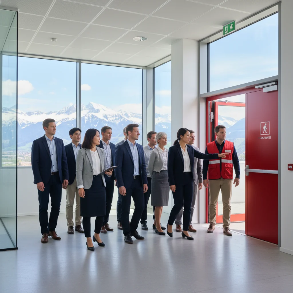 A photorealistic image depicting a professional emergency response scenario in a Swiss corporate office, showing a diverse team of adults in business attire calmly evacuating a modern office building during a simulated drill, with Swiss Alps visible in the background through large windows, conveying preparedness and safety without focusing on any documents.