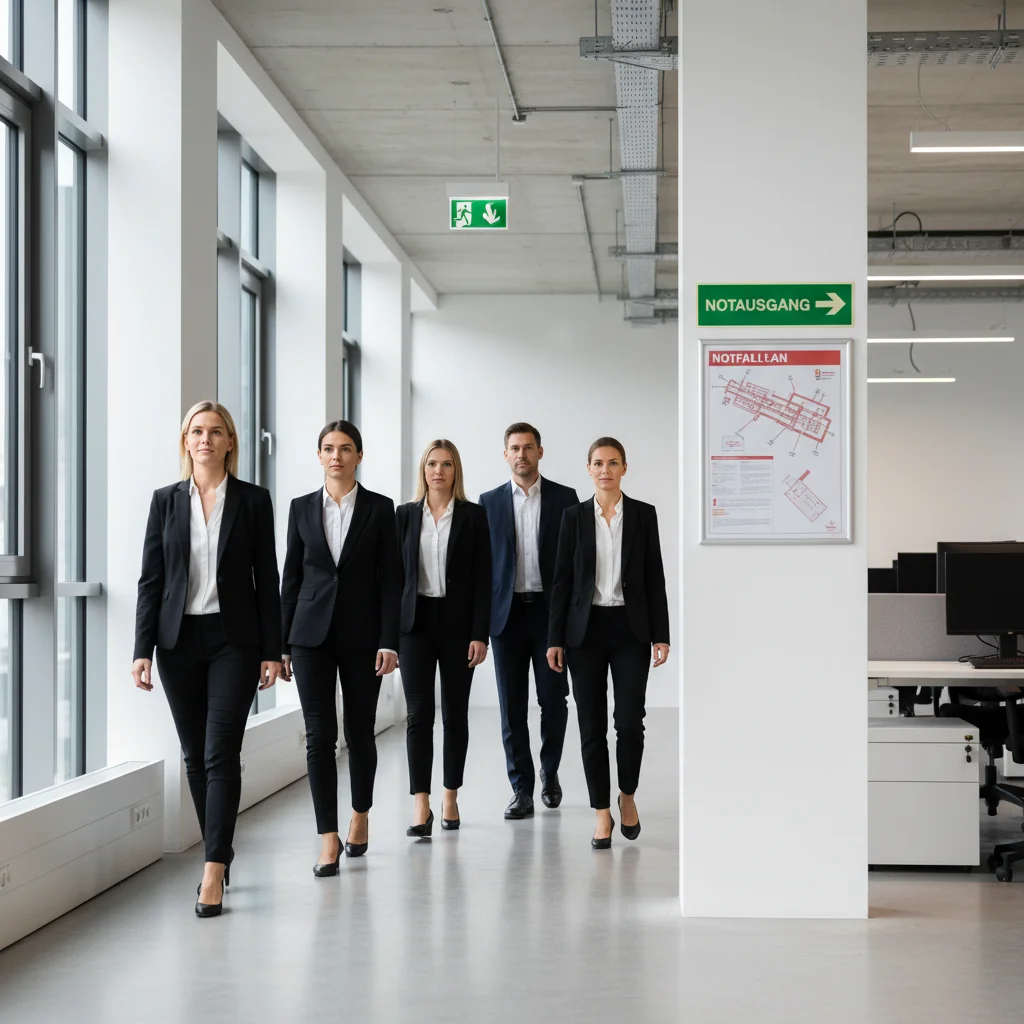 A photorealistic image depicting a professional emergency response scenario in a German corporate office, showing a diverse team of adult employees calmly evacuating the building during a simulated drill, with clear signage in German indicating emergency exits, conveying preparedness and safety without focusing on any documents.