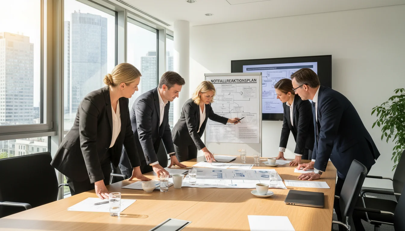 Team discussing crisis procedures.