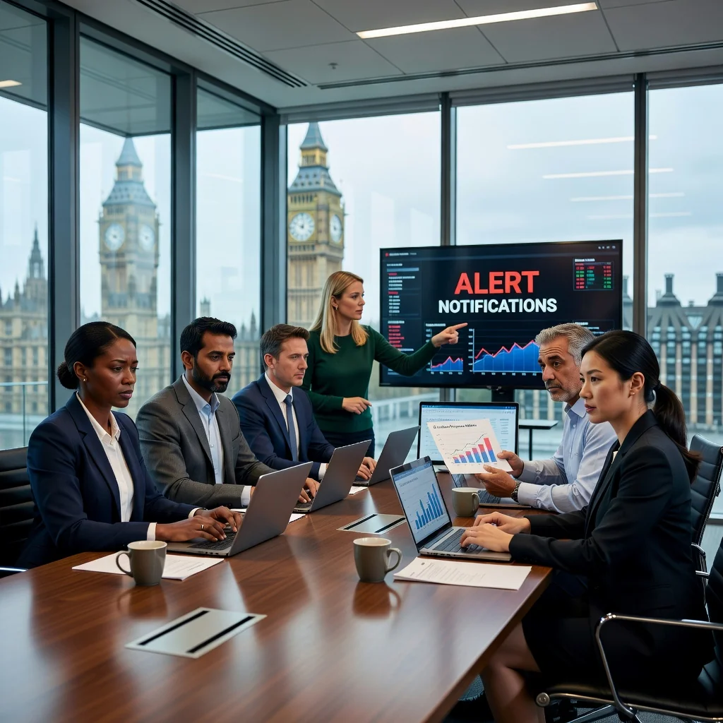 A photorealistic image depicting a professional incident response team in a modern corporate office in the United Kingdom, actively managing a cybersecurity incident. Show diverse adult professionals at computers, discussing strategies around a conference table with UK flags or landmarks subtly in the background, conveying preparedness and efficiency. No children or any individuals under 18 are present.
