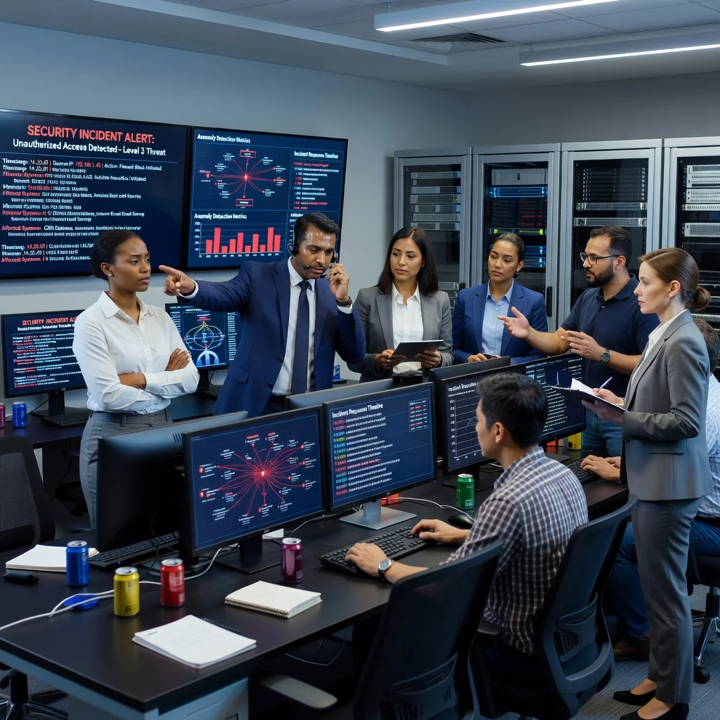 A photorealistic image depicting a professional incident response team in a modern corporate office, actively managing a cybersecurity incident on computers and screens, symbolizing preparedness and quick response to threats in a business environment. No children are present in the image.
