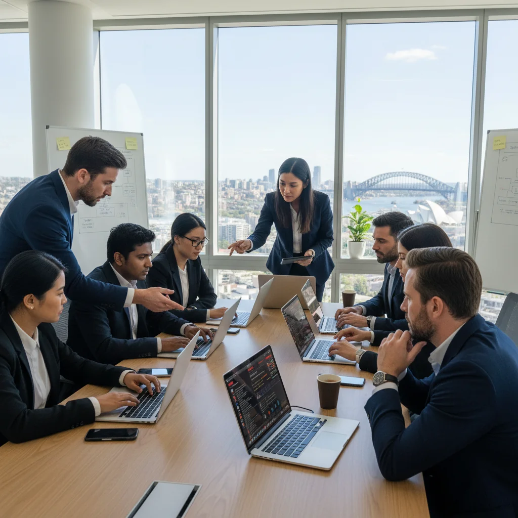 A photorealistic image of a professional team in a modern corporate office in Australia, gathered around a conference table during a simulated cyber incident response drill, showing focused collaboration and urgency with laptops and screens displaying security alerts, no documents visible, diverse adult professionals only, no children.