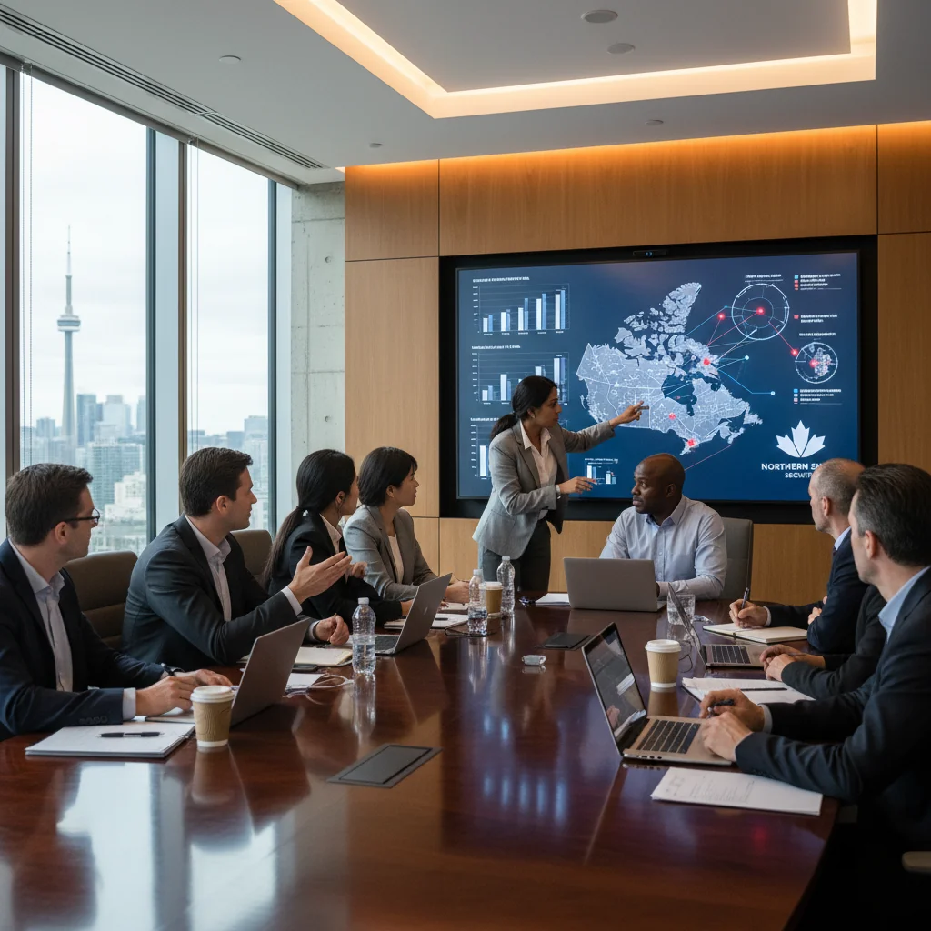 A photorealistic image depicting a professional incident response team in a modern Canadian corporate office, collaboratively reviewing a digital dashboard on a large screen showing cybersecurity alerts and response strategies, symbolizing preparedness and quick action in handling incidents, with no children present.
