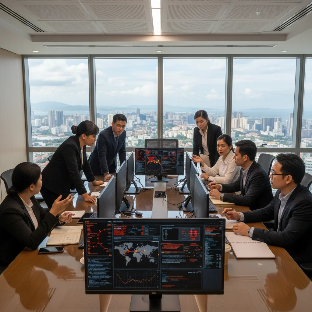 A photorealistic image of a professional team of adults in a modern corporate office in the Philippines, collaboratively responding to a simulated cybersecurity incident. They are gathered around a conference table with laptops and screens displaying alert notifications, looking focused and determined, with Philippine cultural elements like a flag or Manila skyline in the background. No children are present.