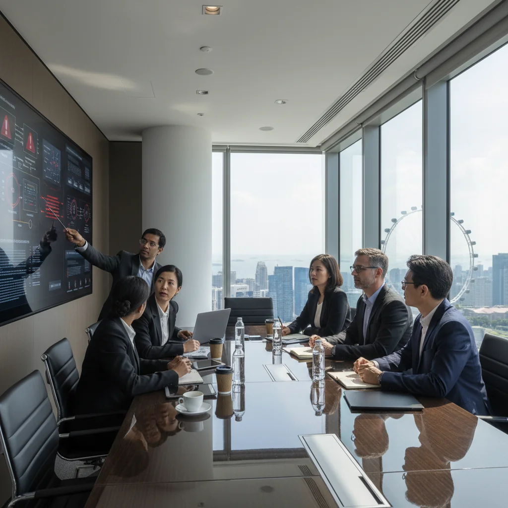 A photorealistic image depicting a professional team of adults in a modern corporate office in Singapore, gathered around a conference table during an incident response simulation. They are focused and collaborative, with laptops and digital screens showing security alerts, symbolizing preparedness and quick response to corporate incidents. The scene includes elements like the Singapore skyline in the background through large windows, emphasizing a high-tech, secure business environment. No children are present.