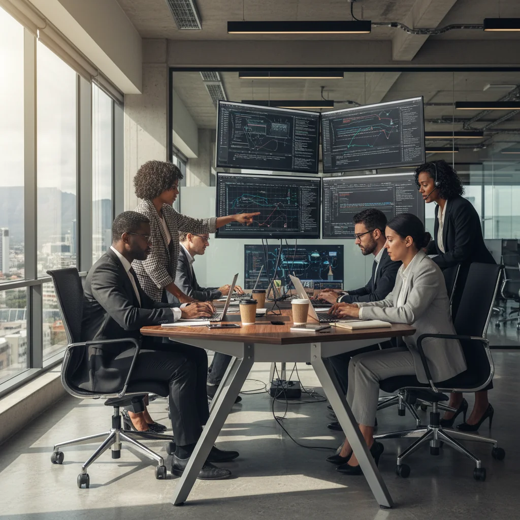 A photorealistic image depicting a professional incident response team in a modern corporate office in South Africa, actively managing a cybersecurity incident on computers, with diverse adult South African professionals collaborating urgently around a conference table, evoking preparedness and efficiency, no children present.