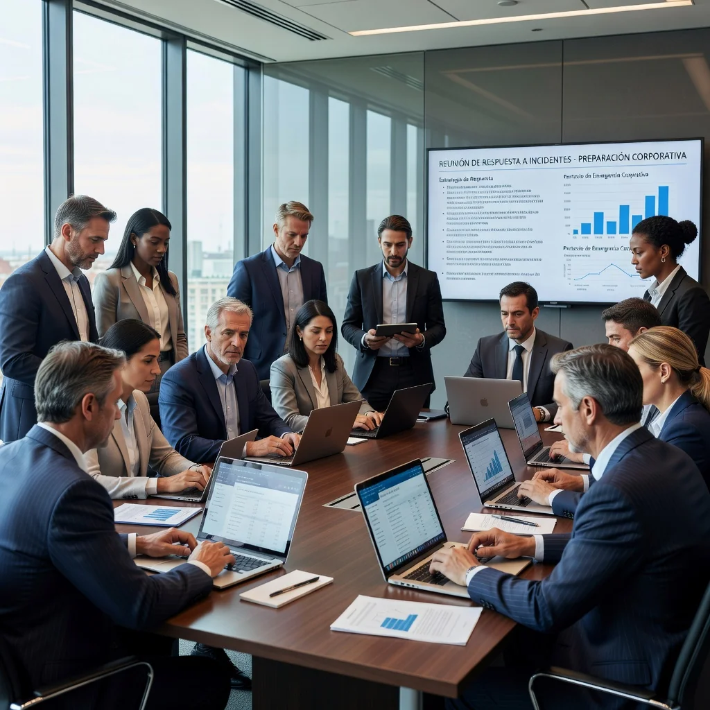 A photorealistic image depicting a professional corporate incident response scenario in a modern Spanish office environment, showing a diverse team of adult business professionals in suits calmly coordinating around a conference table with laptops and charts, symbolizing preparedness and response to a business incident, no documents visible, no children present.