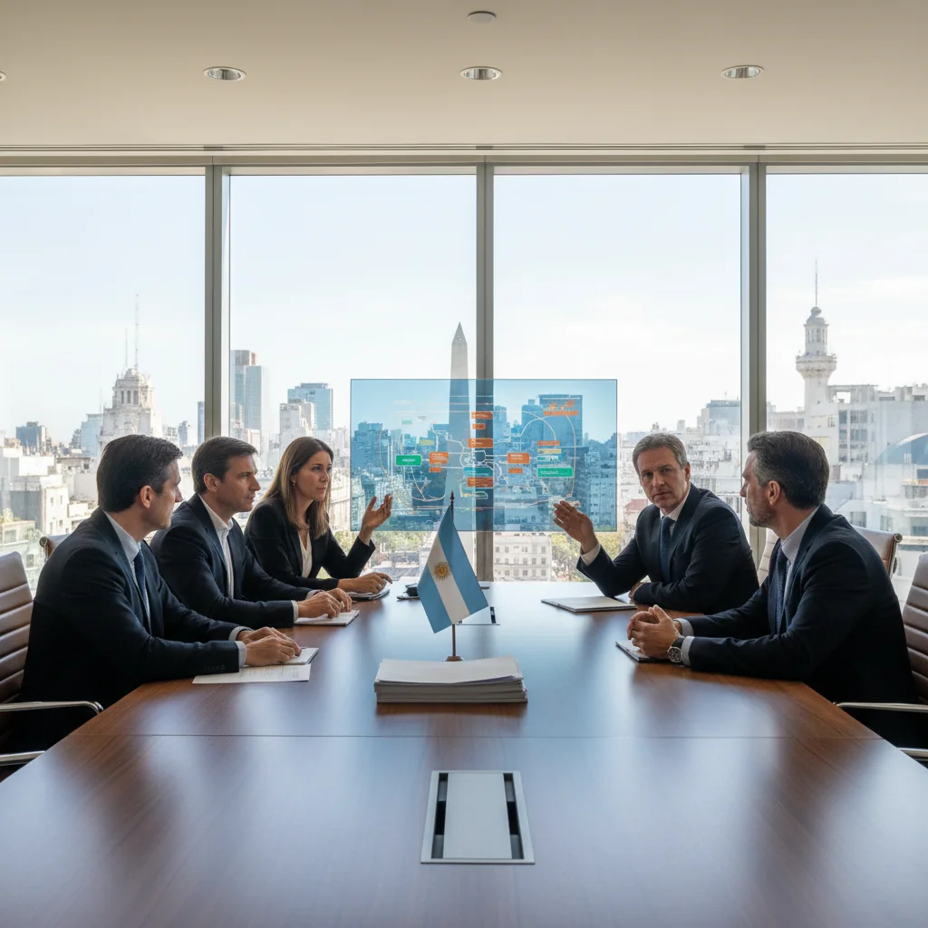 A photorealistic image depicting a professional crisis response scenario in a corporate office in Argentina, showing a diverse team of adult business professionals in a modern conference room, collaboratively reviewing response plans on a digital screen, with subtle Argentine elements like a flag in the background, conveying preparedness and urgency without focusing on documents, no children present.
