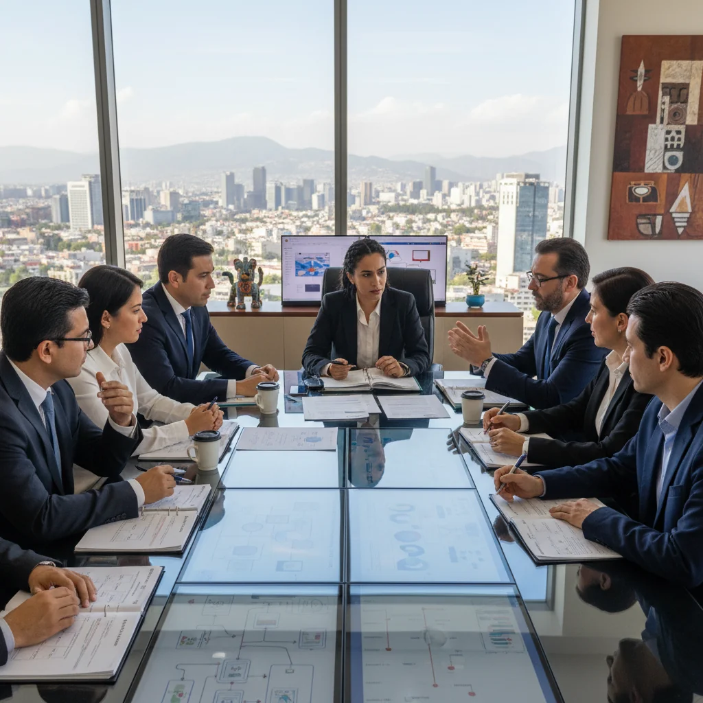 A photorealistic image of a professional team in a modern corporate office in Mexico, gathered around a conference table during a simulated incident response drill, showing focused adults discussing strategies with laptops and charts, conveying preparedness and response to corporate incidents, no children present.