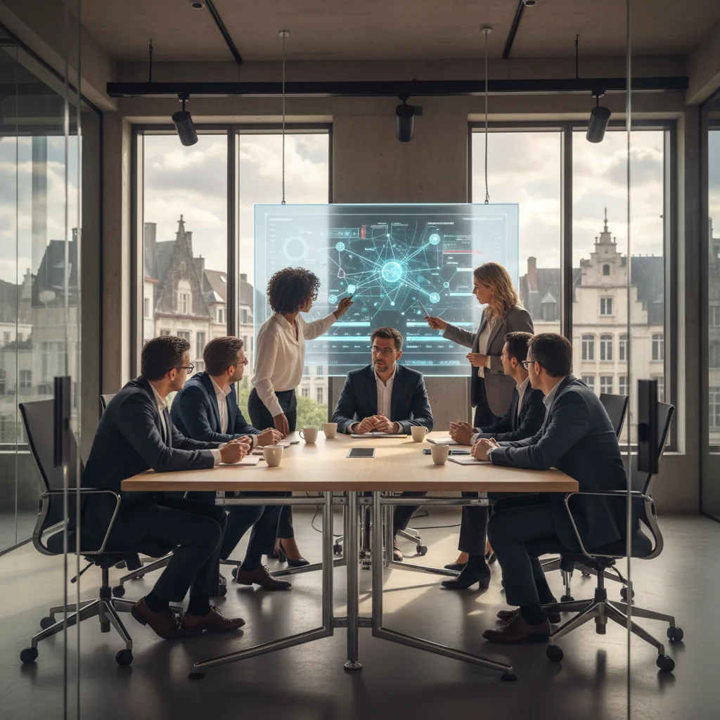 A photorealistic image depicting a professional corporate team in a modern Belgian office setting, collaboratively reviewing a crisis response plan on a digital screen, symbolizing preparedness and incident management in a business environment. The scene includes adults in business attire, with subtle Belgian elements like a flag or Brussels skyline in the background, conveying security and organization without showing any documents directly.
