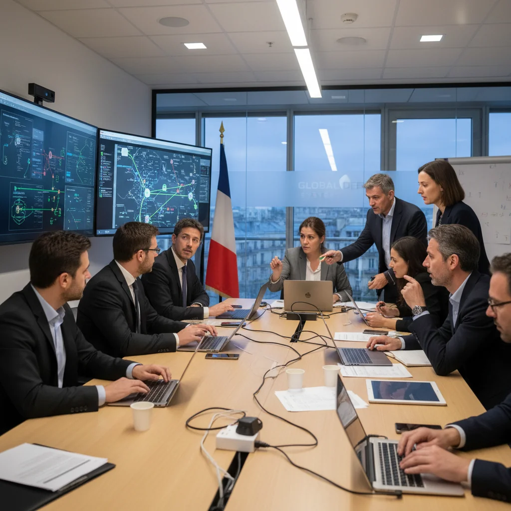 A photorealistic image depicting a professional team in a modern French corporate office engaged in a crisis response simulation, with individuals reviewing plans and communicating urgently on computers and phones, symbolizing preparedness for incidents without showing any documents.