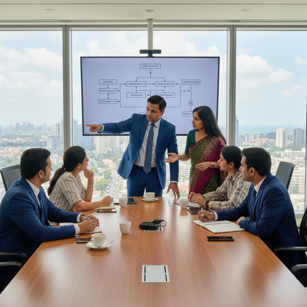 A photorealistic image of a professional team in a modern corporate office in India, actively engaged in a crisis response meeting, discussing incident response strategies on a whiteboard, with diverse adult Indian professionals looking focused and collaborative, conveying preparedness and quick action, no children present, no documents shown.