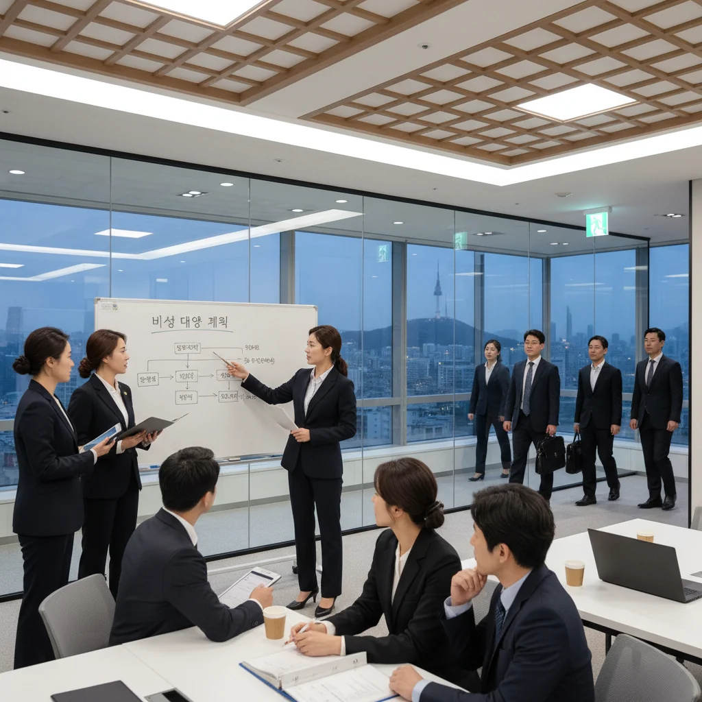 A photorealistic image depicting a professional team of adults in a modern South Korean corporate office engaged in an emergency response drill, symbolizing preparedness and crisis management, with elements like safety signs and response charts in the background, no children present.