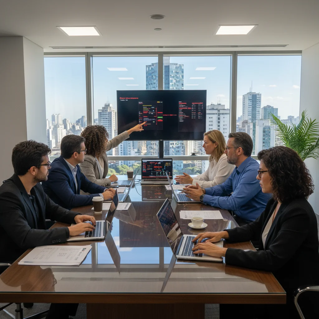 A photorealistic image depicting a professional team of adults in a modern corporate office in Brazil, collaboratively responding to a simulated cybersecurity incident on their computers, with focused expressions and elements like screens showing alert notifications, symbolizing preparedness and response to incidents without showing any documents.