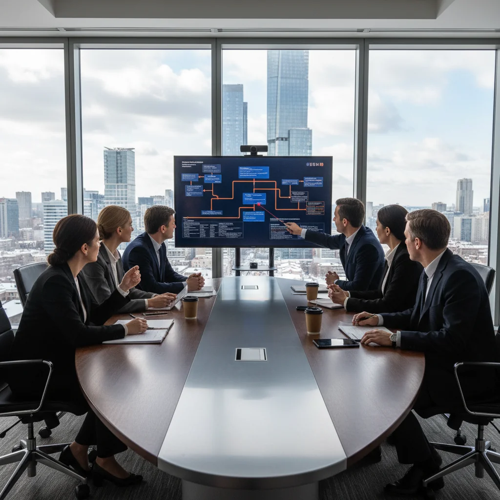 A photorealistic image of a professional corporate team in a modern Russian office, gathered around a conference table, discussing and reviewing incident response strategies on a digital screen, with focused expressions and collaborative atmosphere, no children present.
