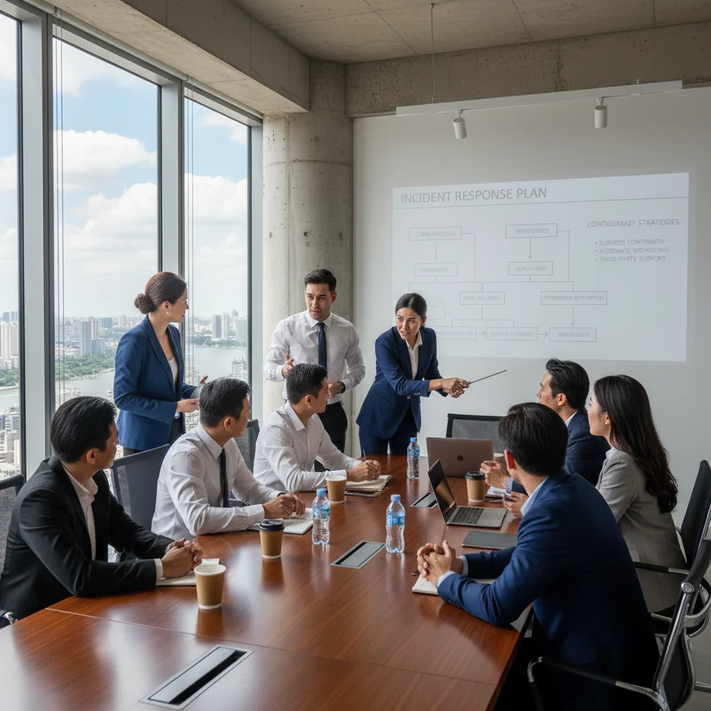 A photorealistic image depicting a professional corporate team in a modern Vietnamese office setting, collaboratively reviewing and discussing an incident response plan on a large digital screen, symbolizing preparedness and strategy in handling corporate emergencies, with elements of Vietnamese culture like subtle national flags or Hanoi skyline in the background, ensuring a serious and focused atmosphere among adult professionals.