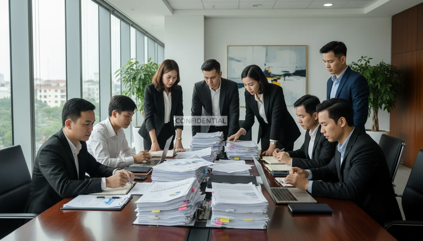 Vietnamese office workers reviewing documents