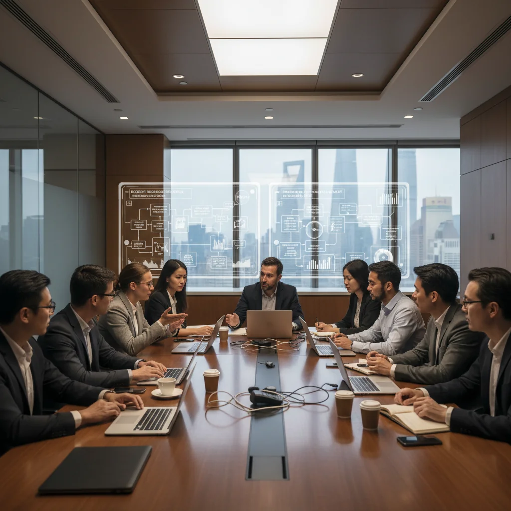 A photorealistic image depicting a professional corporate team in a modern Chinese office setting, actively engaged in a crisis response meeting around a conference table, with focused expressions, laptops, and charts on screens, symbolizing preparedness and incident response planning in a business context.