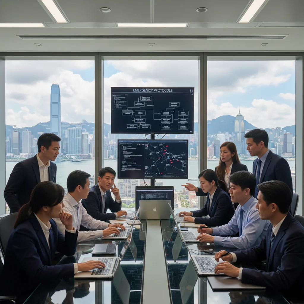 A photorealistic image depicting a professional corporate team in a modern Hong Kong office during an incident response scenario, such as calmly managing a simulated crisis with laptops and communication devices, emphasizing preparedness and strategy without showing any documents.