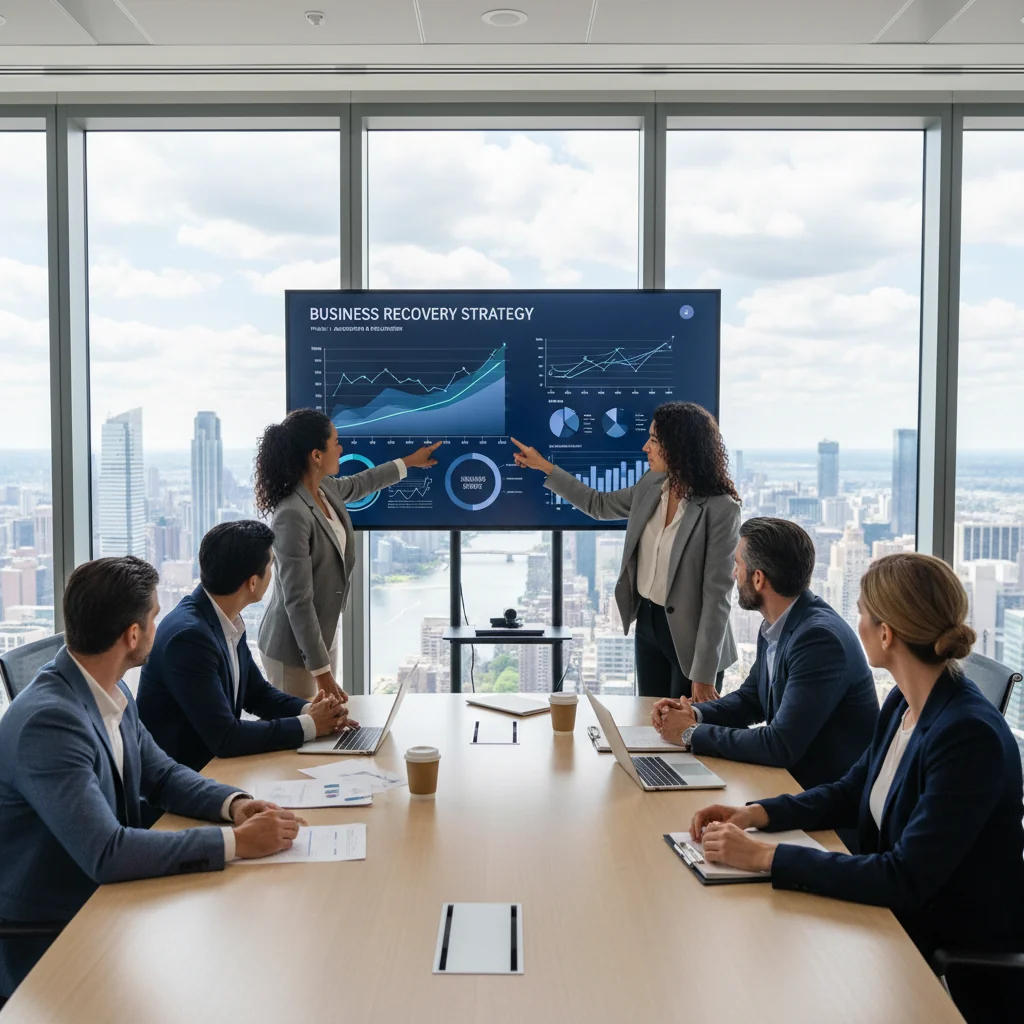 A photorealistic image depicting a diverse team of adult professionals in a modern office environment, collaboratively reviewing recovery plans on a large digital screen after a simulated business disaster, symbolizing effective strategies for enterprise disaster recovery, with expressions of determination and teamwork, no children present.