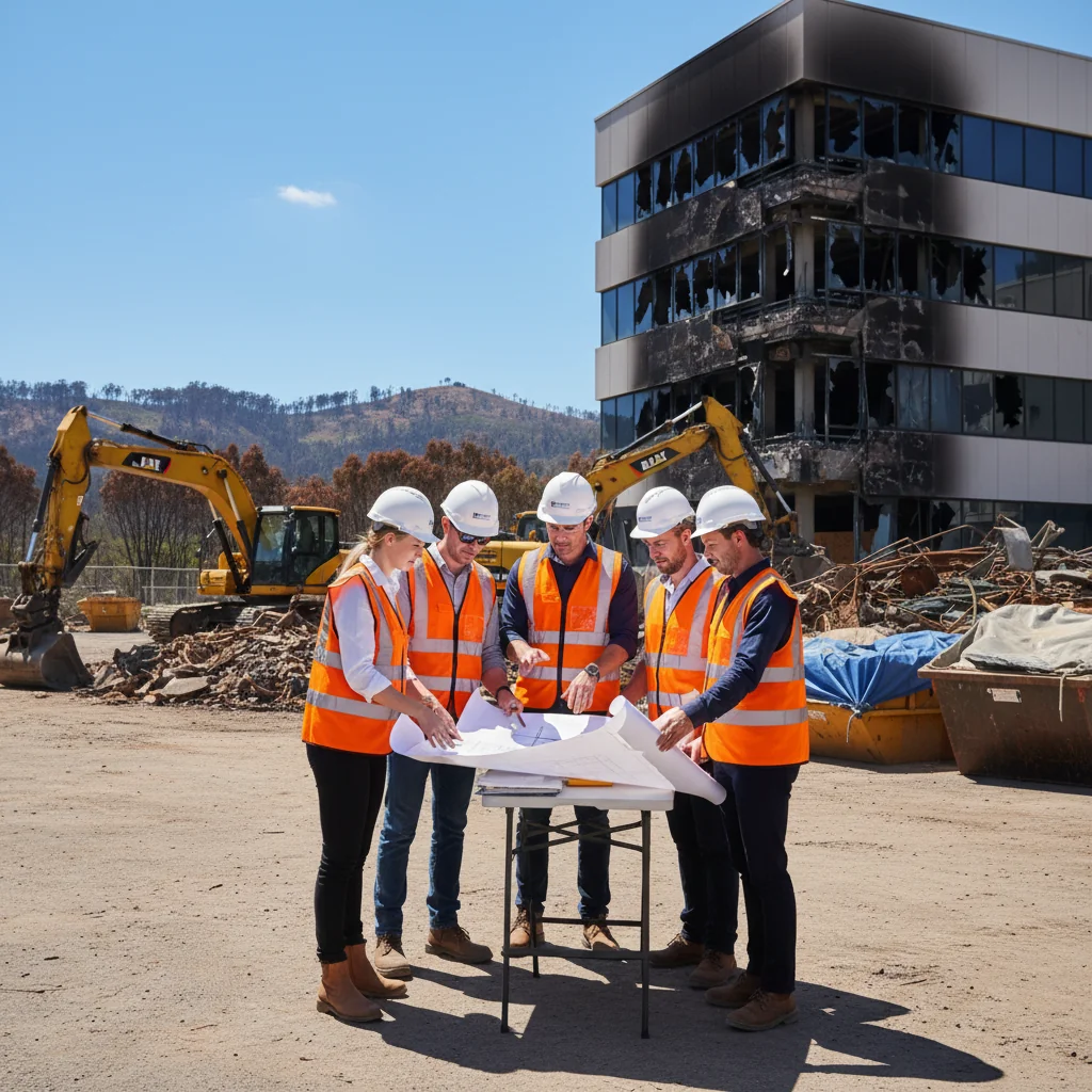 A photorealistic image depicting resilience in disaster recovery for Australian businesses, showing adult professionals in high-visibility gear assessing damage at a modern office building after a bushfire, with the Australian outback landscape in the background, emphasizing recovery and strategy.