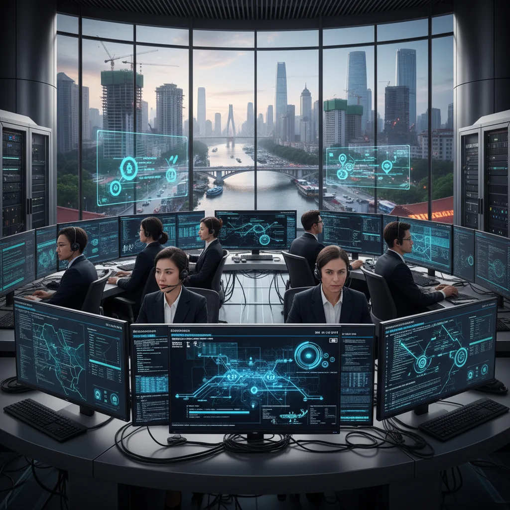A photorealistic image depicting a diverse team of adult professionals in a modern Chinese office setting, collaboratively reviewing digital disaster recovery plans on large screens, with subtle elements of urban resilience like reinforced buildings in the background visible through windows, symbolizing effective implementation of recovery strategies in China.