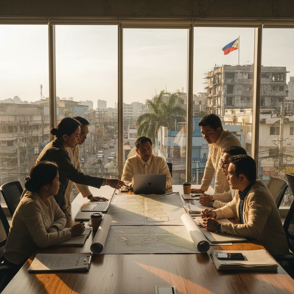 A photorealistic scene depicting resilience in the face of disaster for Philippine businesses, showing adult business professionals in a modern office in Manila collaborating on recovery plans after a typhoon, with subtle background elements of a recovering urban landscape including palm trees and the Philippine flag, conveying hope and strategic planning, no children present.