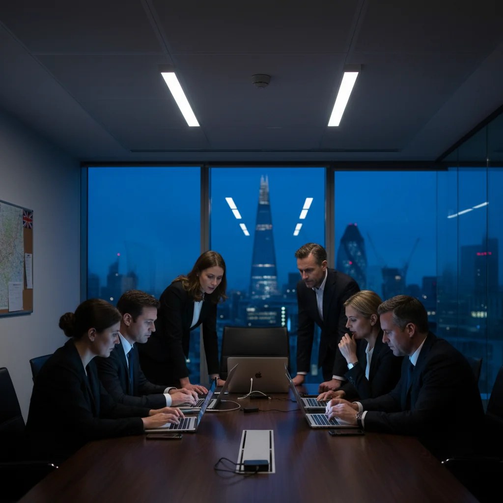 A photorealistic image depicting business resilience and continuity in a UK office environment, showing a diverse team of professionals calmly managing a crisis, such as a power outage or cyber incident, with elements like laptops, emergency lights, and a Union Jack flag in the background to evoke UK context, symbolizing preparedness and strategic planning without focusing on documents.
