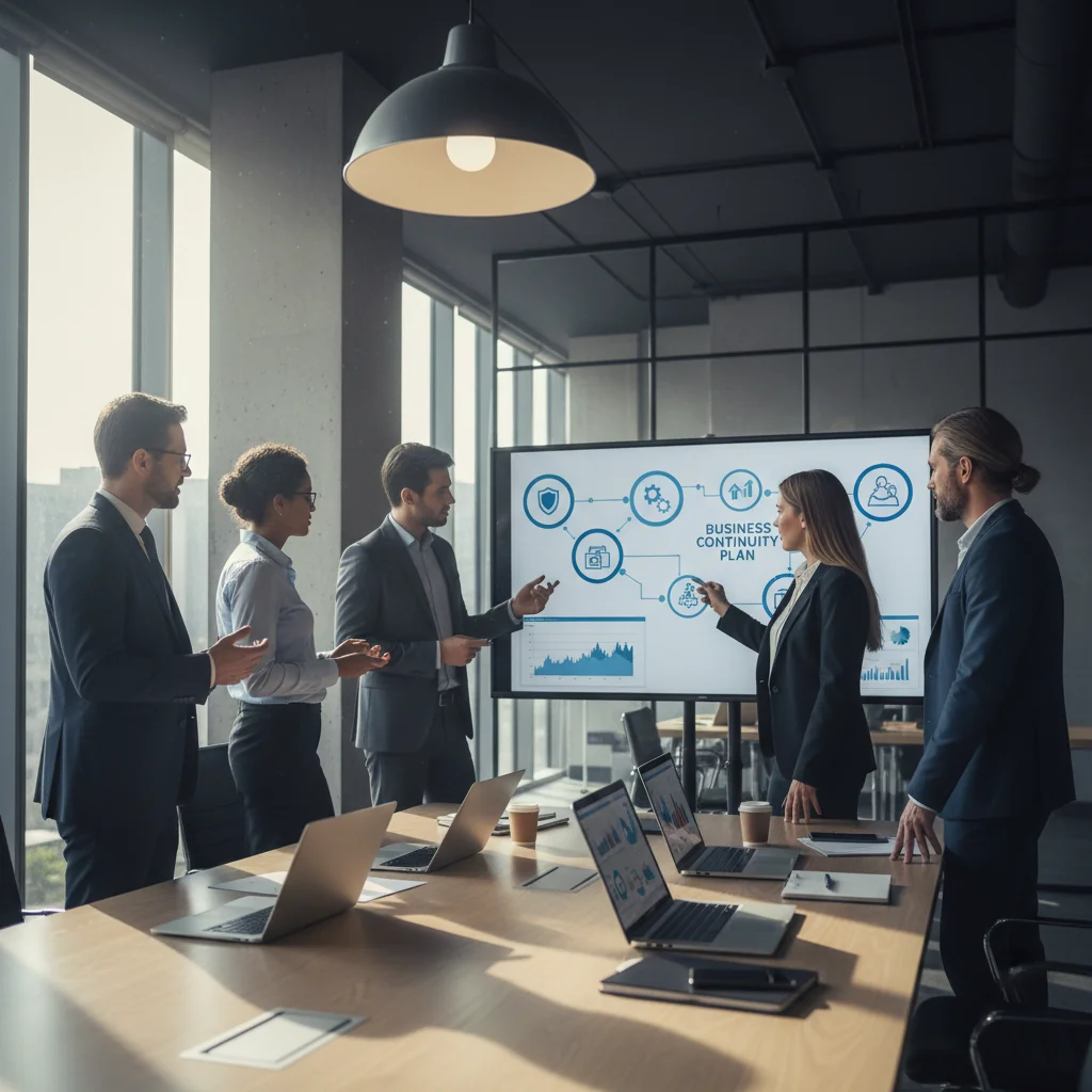 A photorealistic image depicting business professionals in a modern conference room collaboratively reviewing and implementing a business continuity plan on digital screens and laptops, emphasizing resilience, strategy, and preparedness for 2024 challenges. The scene shows adults in professional attire discussing charts and flow diagrams, conveying teamwork and forward-thinking without any focus on documents themselves.
