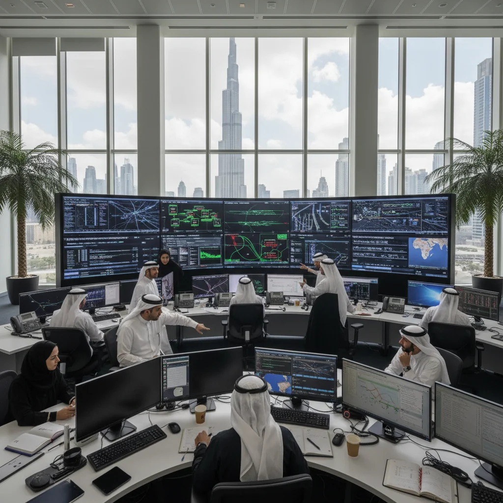 A photorealistic image of a modern business continuity center in the UAE, showing diverse adult professionals in a high-tech control room monitoring operations on large screens, with elements like UAE skyline in the background, symbolizing resilience and preparedness for business continuity.