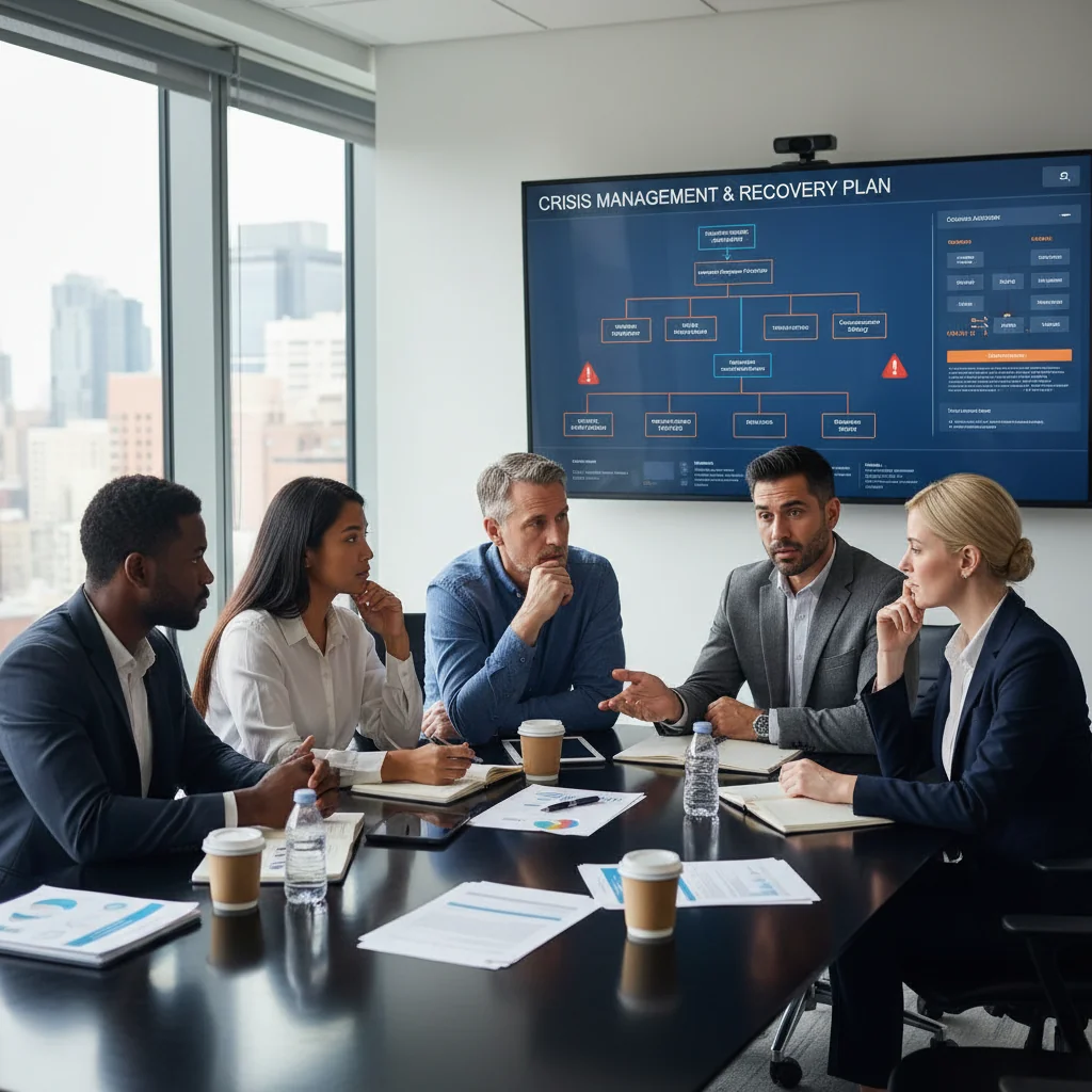 A photorealistic image of a professional team in a modern office setting, collaboratively reviewing and discussing an emergency response plan on a large screen, symbolizing preparedness and recovery strategies under German law, with no children present.